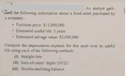 An analyst gath- ered the following information about a fixed asset purchased by a company Purchase price: