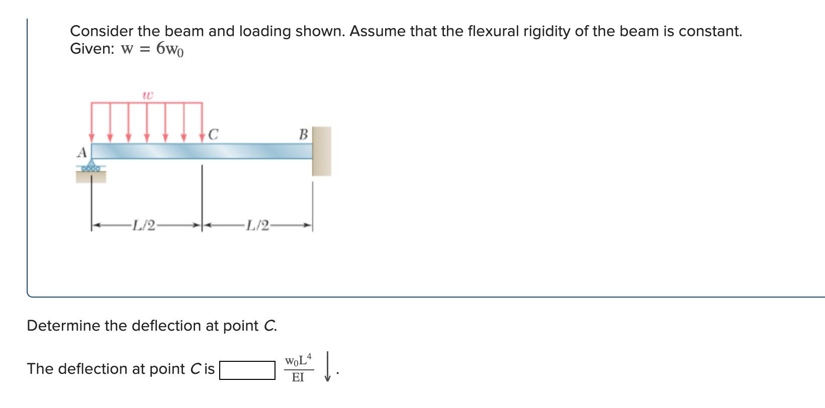 Consider the beam and loading shown. Assume that the flexural rigidity of the beam is constant. Given: W =