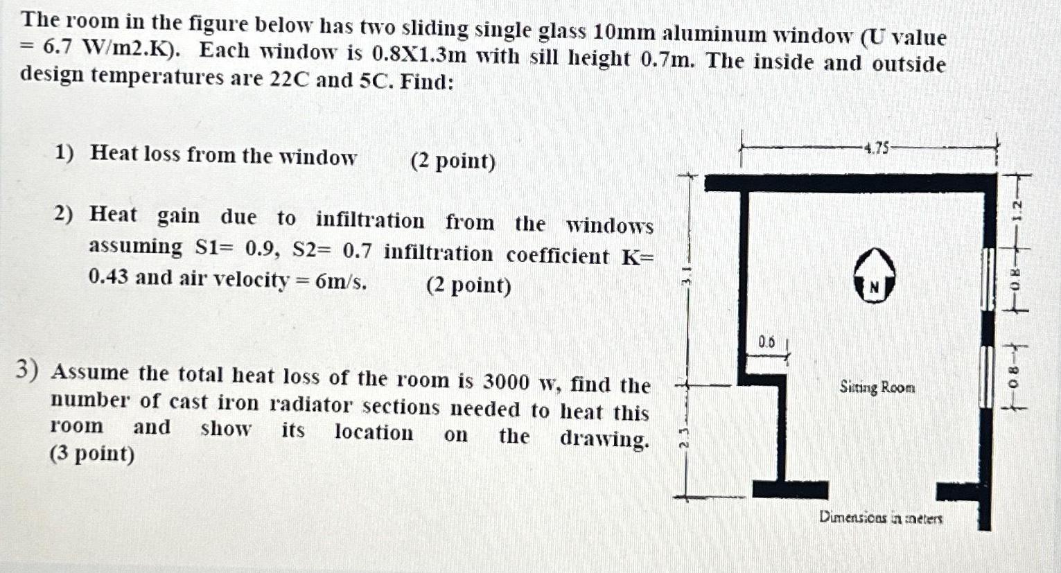 The room in the figure below has two sliding single glass 10mm aluminum window (U value = 6.7 W/m2.K). Each