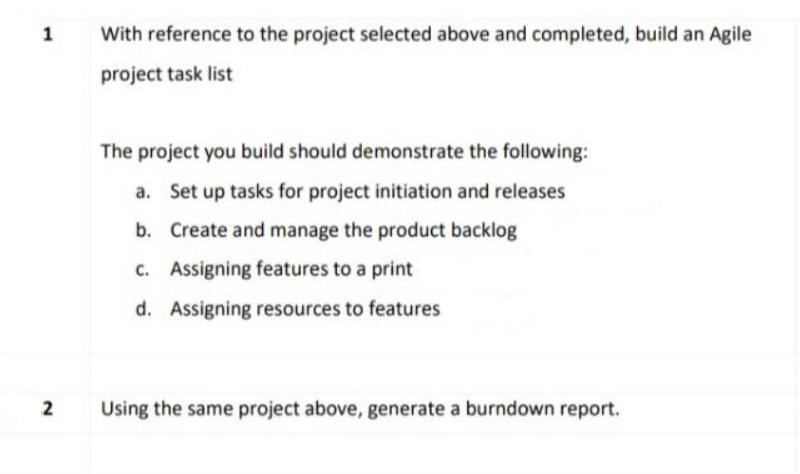 1 2 With reference to the project selected above and completed, build an Agile project task list The project