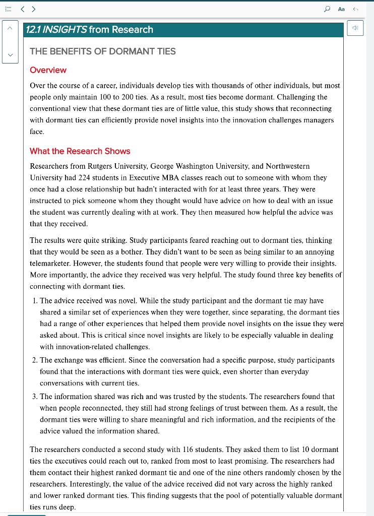 12.1 INSIGHTS from Research THE BENEFITS OF DORMANT TIES D Overview Over the course of a career, individuals