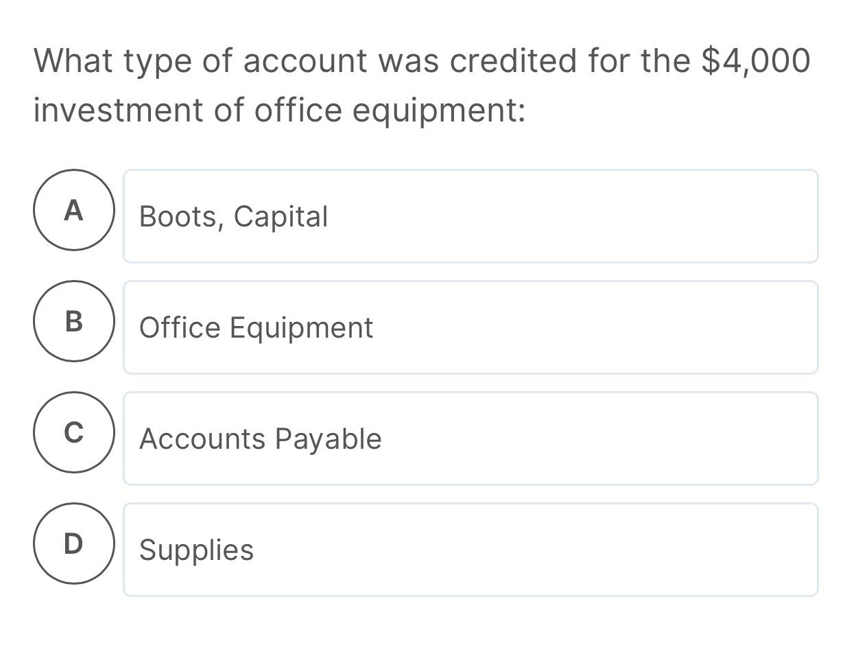 What type of account was credited for the $4,000 investment of office equipment: A B C D Boots, Capital