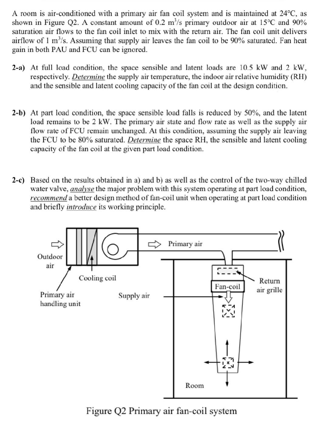 A room is air-conditioned with a primary air fan coil system and is maintained at 24C, as shown in Figure Q2.