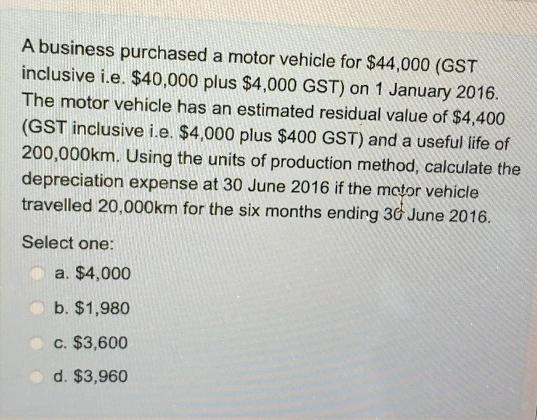 A business purchased a motor vehicle for $44,000 (GST inclusive i.e. $40,000 plus $4,000 GST) on 1 January