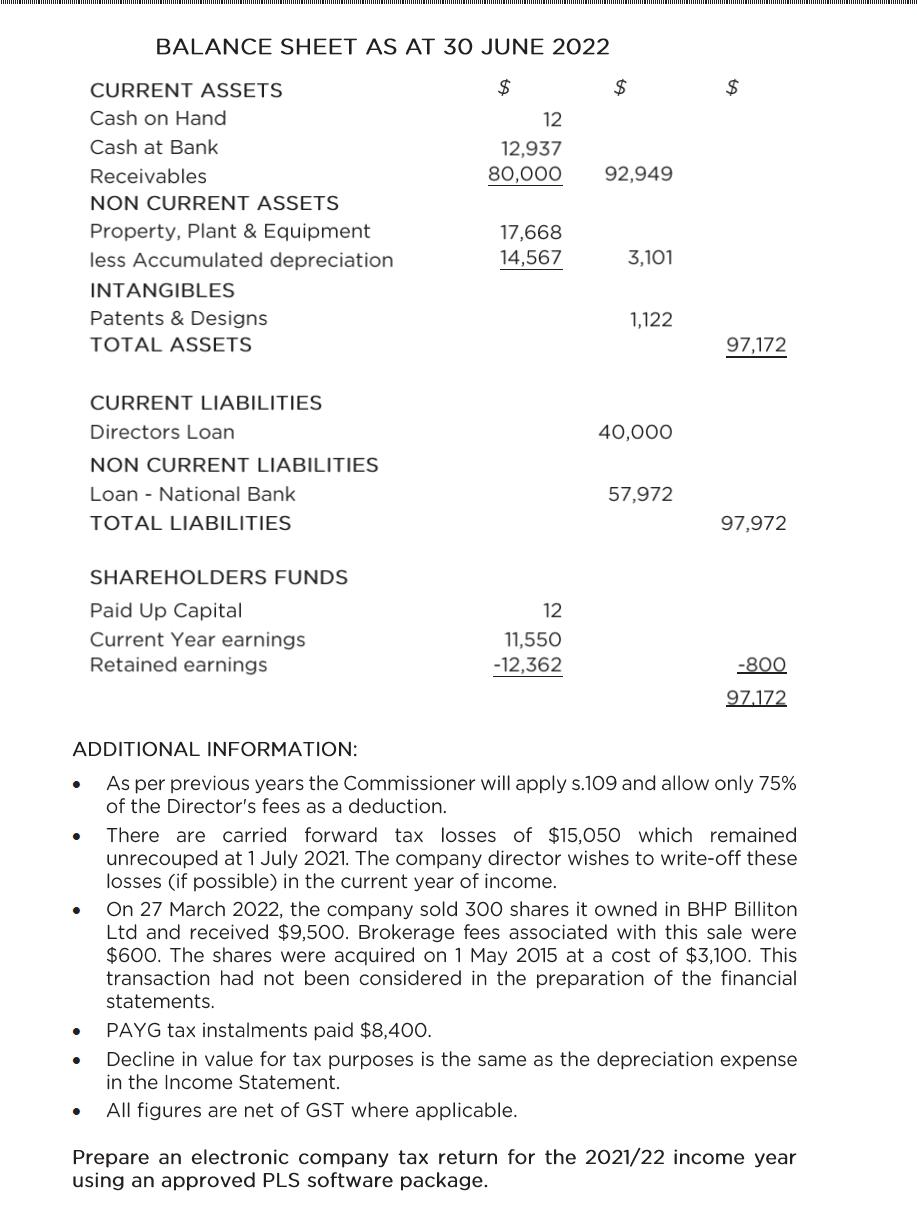 .  BALANCE SHEET AS AT 30 JUNE 2022 $  CURRENT ASSETS Cash on Hand Cash at Bank Receivables  NON CURRENT