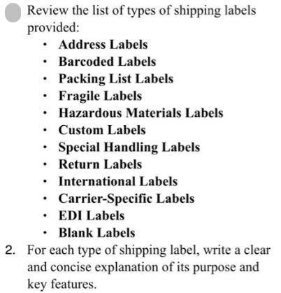 Review the list of types of shipping labels provided:  Address Labels Barcoded Labels Packing List Labels