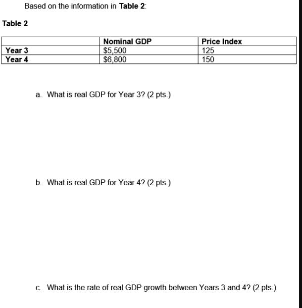 Based on the information in Table 2: Table 2 Year 3 Year 4 Nominal GDP $5,500 $6,800 a. What is real GDP for