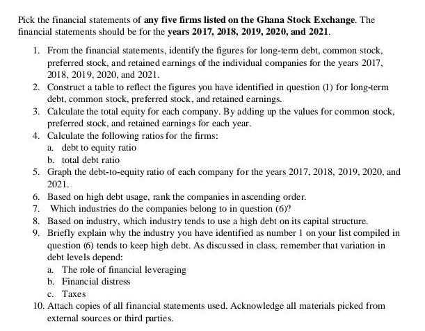 Pick the financial statements of any five firms listed on the Ghana Stock Exchange. The financial statements