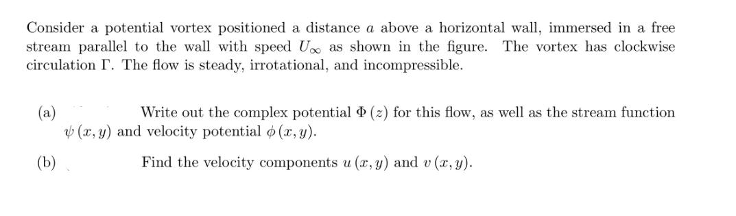 Consider a potential vortex positioned a distance a above a horizontal wall, immersed in a free stream
