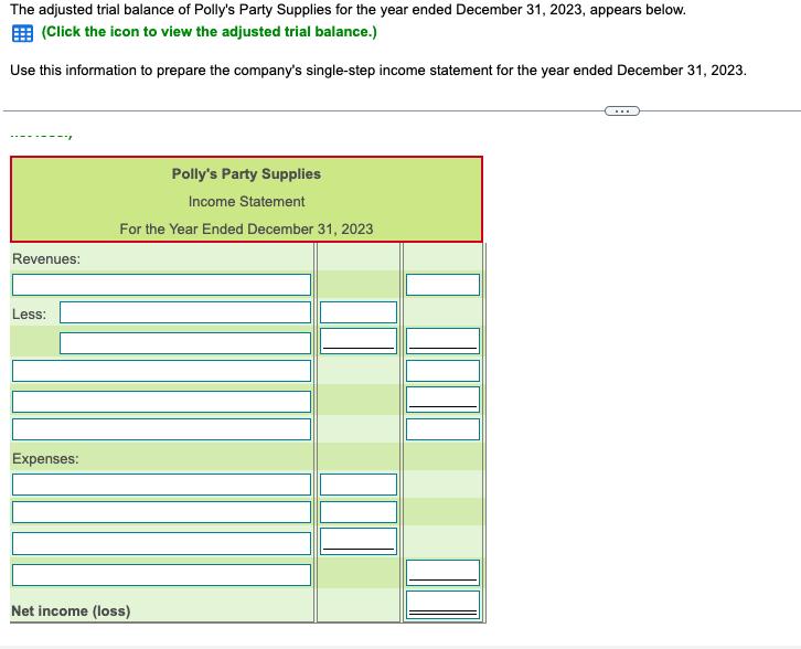 The adjusted trial balance of Polly's Party Supplies for the year ended December 31, 2023, appears below.