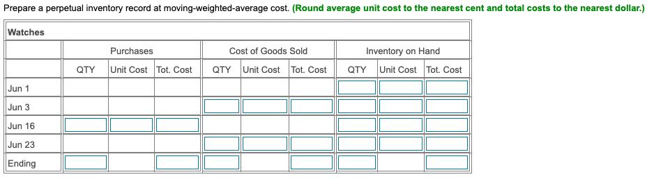 Prepare a perpetual inventory record at moving-weighted-average cost. (Round average unit cost to the nearest