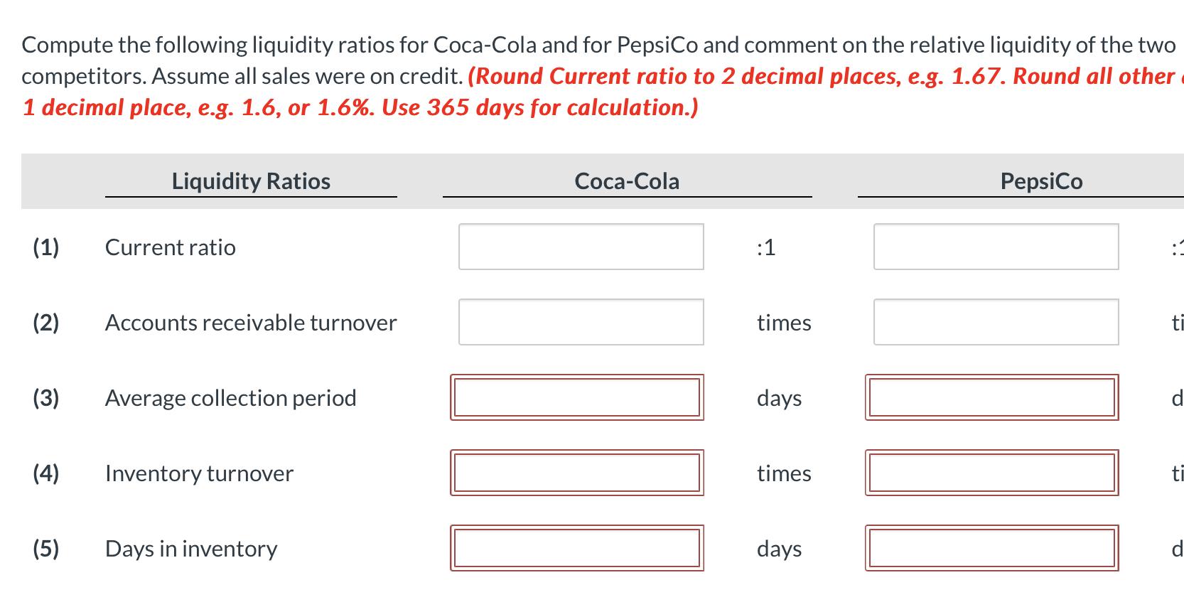 Compute the following liquidity ratios for Coca-Cola and for PepsiCo and comment on the relative liquidity of