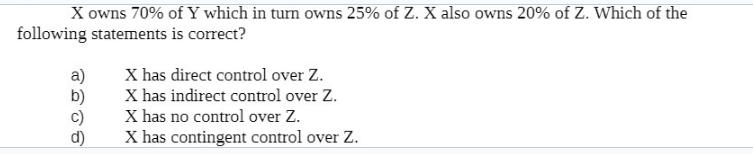 X owns 70% of Y which in turn owns 25% of Z. X also owns 20% of Z. Which of the following statements is