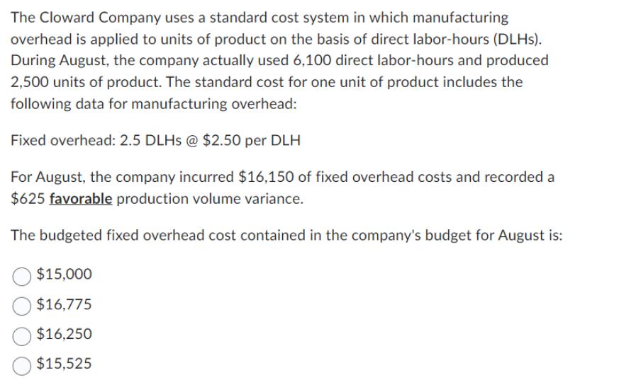 The Cloward Company uses a standard cost system in which manufacturing overhead is applied to units of