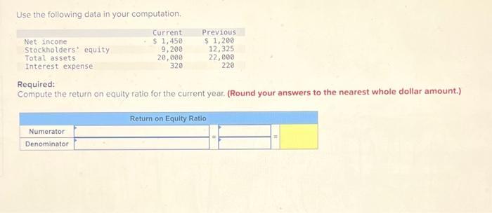 Use the following data in your computation. Net income Stockholders' equity Total assets Interest expense