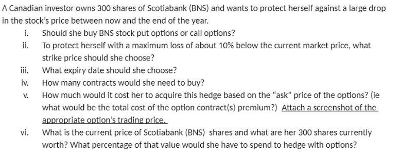 A Canadian investor owns 300 shares of Scotiabank (BNS) and wants to protect herself against a large drop in