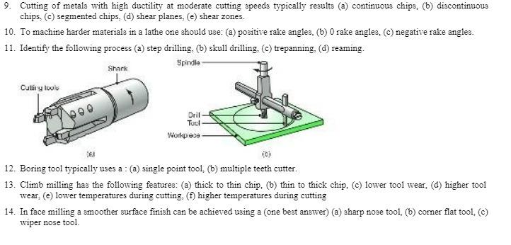 9. Cutting of metals with high ductility at moderate cutting speeds typically results (a) continuous chips,