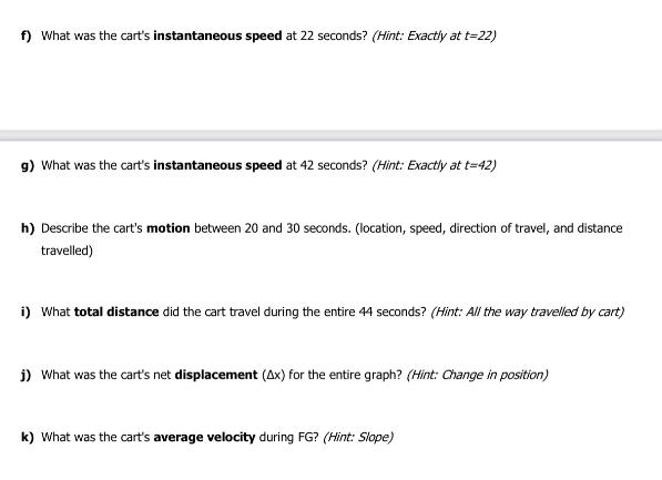 f) What was the cart's instantaneous speed at 22 seconds? (Hint: Exactly at t=22) g) What was the cart's