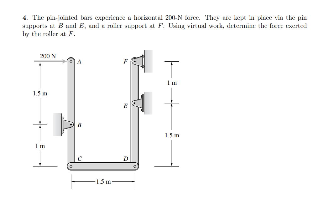 4. The pin-jointed bars experience a horizontal 200-N force. They are kept in place via the pin supports at B