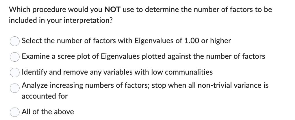 Which procedure would you NOT use to determine the number of factors to be included in your interpretation?