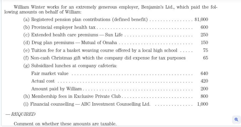 William Winter works for an extremely generous employer, Benjamin's Ltd., which paid the fol- lowing amounts