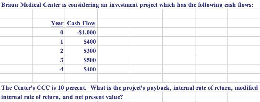 Braun Medical Center is considering an investment project which has the following cash flows: Year Cash Flow