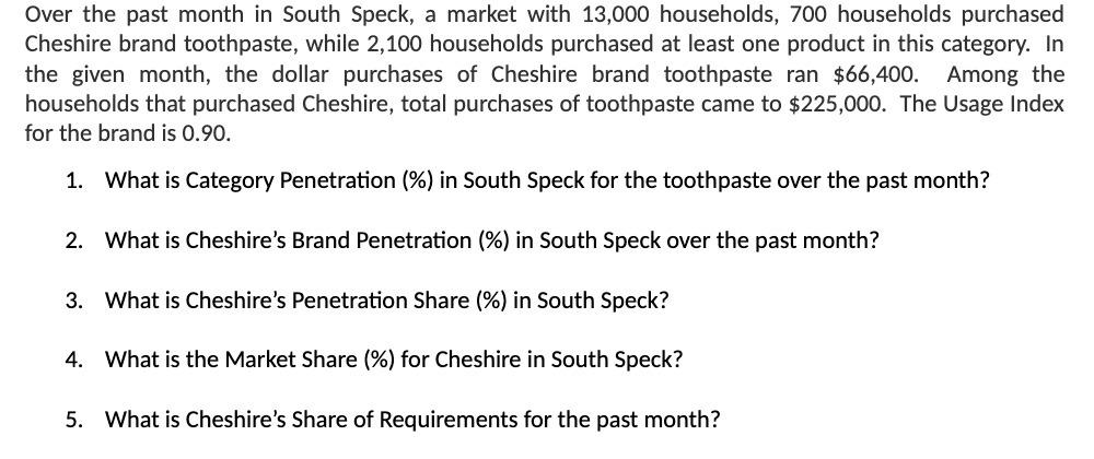 Over the past month in South Speck, a market with 13,000 households, 700 households purchased Cheshire brand