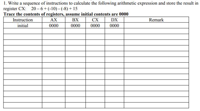 1. Write a sequence of instructions to calculate the following arithmetic expression and store the result in
