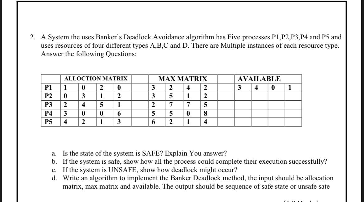 2. A System the uses Banker's Deadlock Avoidance algorithm has Five processes P1, P2,P3, P4 and P5 and uses
