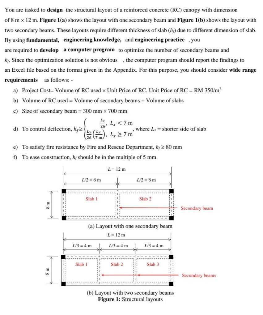 You are tasked to design the structural layout of a reinforced concrete (RC) canopy with dimension of 8 m x