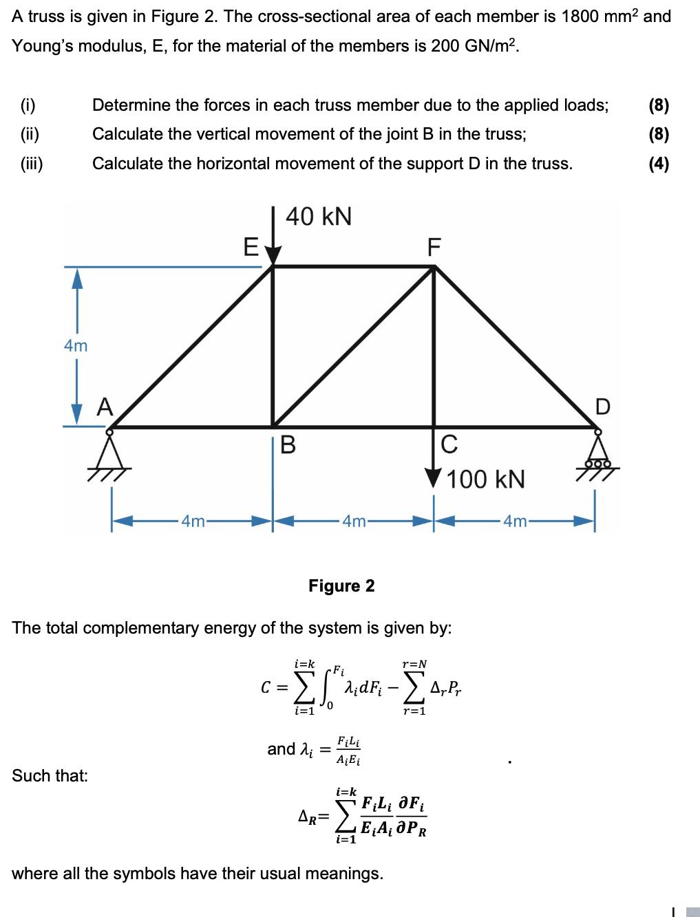 A truss is given in Figure 2. The cross-sectional area of each member is 1800 mm and Young's modulus, E, for