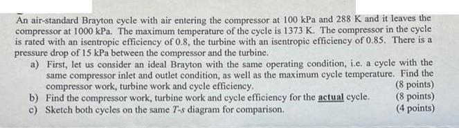 An air-standard Brayton cycle with air entering the compressor at 100 kPa and 288 K and it leaves the