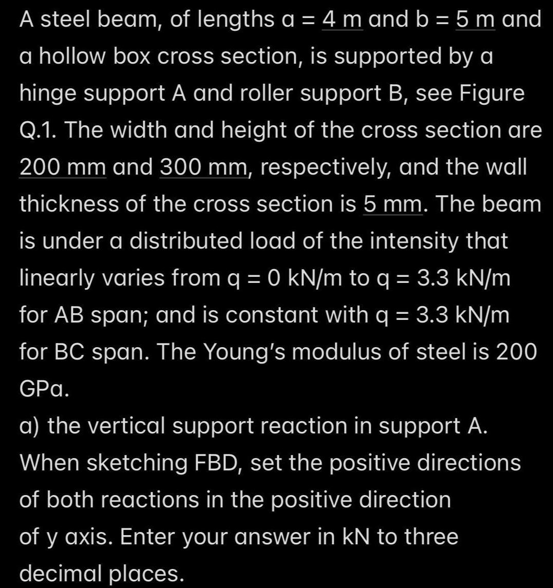A steel beam, of lengths a = 4 m and b = 5 m and a hollow box cross section, is supported by a hinge support
