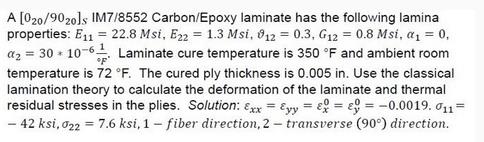 * A [020/9020]s IM7/8552 Carbon/Epoxy laminate has the following lamina properties: E11 = 22.8 Msi, E22 = 1.3