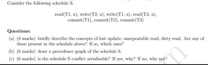 Consider the following schedule S. read(TI, x), write(T2, x), write(T1, x), read(T3, x), commit (T1),