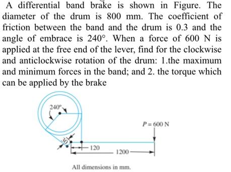 A differential band brake is shown in Figure. The diameter of the drum is 800 mm. The coefficient of friction