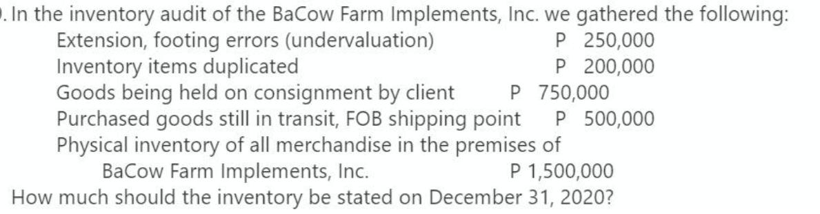 . In the inventory audit of the BaCow Farm Implements, Inc. we gathered the following: Extension, footing