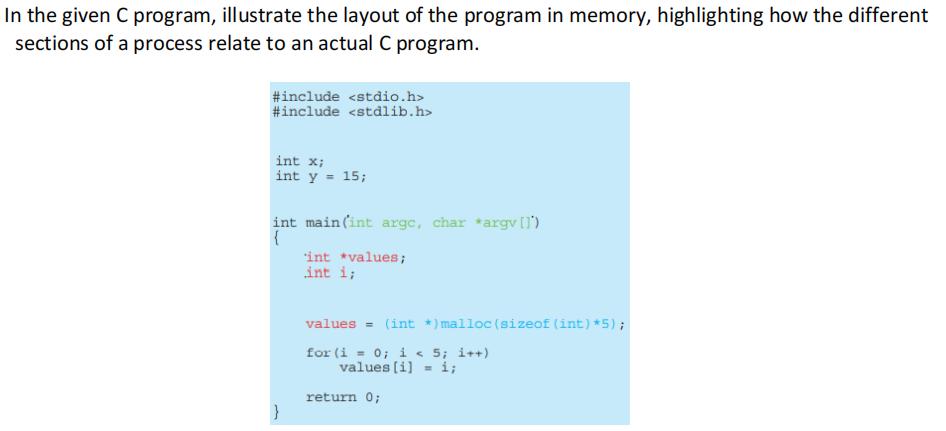 In the given C program, illustrate the layout of the program in memory, highlighting how the different