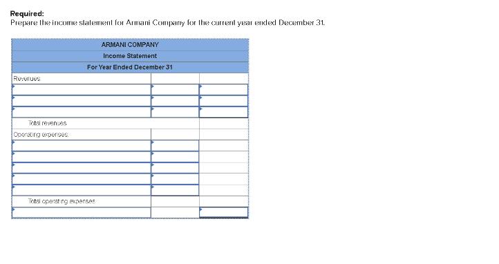 Required: Prepare the income statement for Armani Company for the current year ended December 31. Revenues