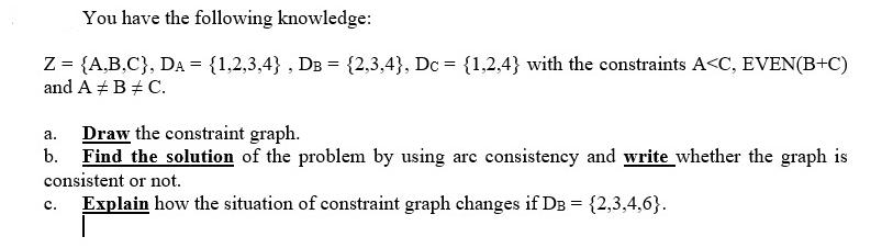 You have the following knowledge: Z = {A,B,C}, DA = {1,2,3,4}, DB = {2,3,4}, Dc = {1,2,4} with the