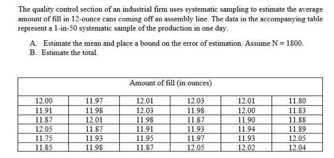 The quality control section of an industrial firm uses systematic sampling to estimate the average amount of