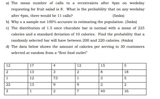 a) The mean number of calls to a recestraints after 4pm on weekday requesting for fruit salad is 8. What is