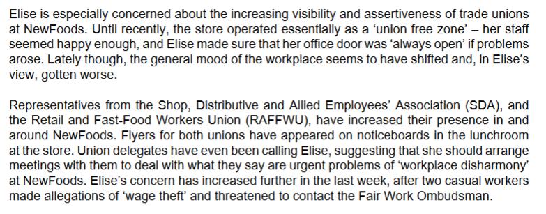 Elise is especially concerned about the increasing visibility and assertiveness of trade unions at NewFoods.