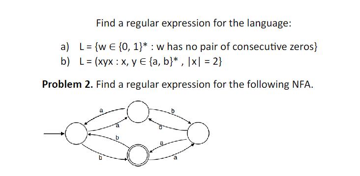Find a regular expression for the language: a) L = {w E {0, 1}* w has no pair of consecutive zeros} b) L=