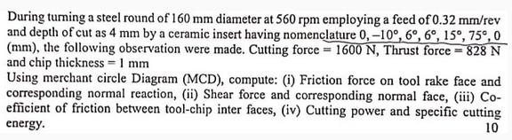 During turning a steel round of 160 mm diameter at 560 rpm employing a feed of 0.32 mm/rev and depth of cut