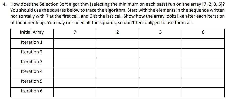 4. How does the Selection Sort algorithm (selecting the minimum on each pass) run on the array [7, 2, 3, 6]?