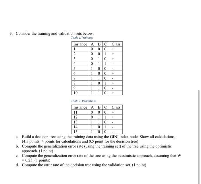 3. Consider the training and validation sets below. Table 1:Training: Instance A B C Class 000+ 1 2 3 4 5 6 7