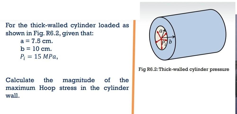 For the thick-walled cylinder loaded as shown in Fig. R6.2, given that: a = 7.5 cm. b = 10 cm. P = 15 MPa,