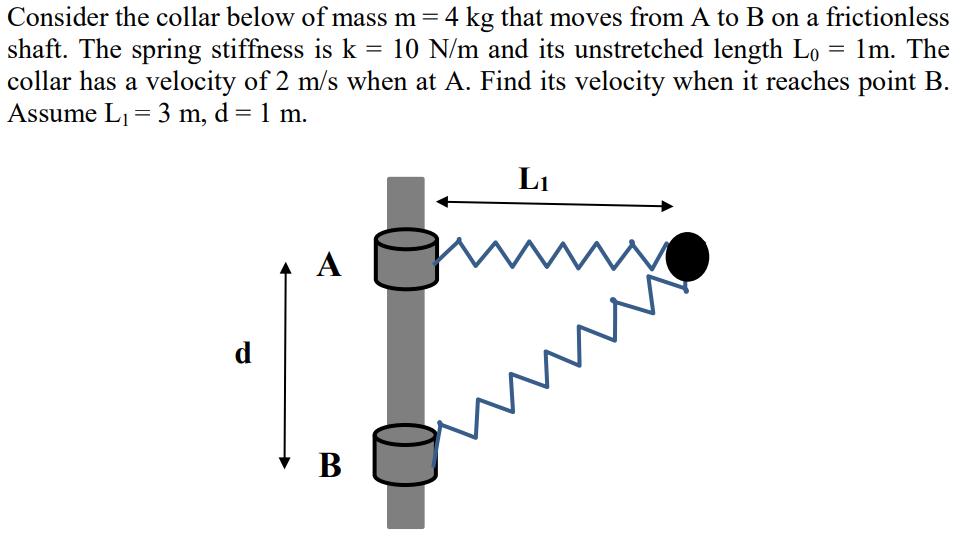 = Consider the collar below of mass m = 4 kg that moves from A to B on a frictionless shaft. The spring