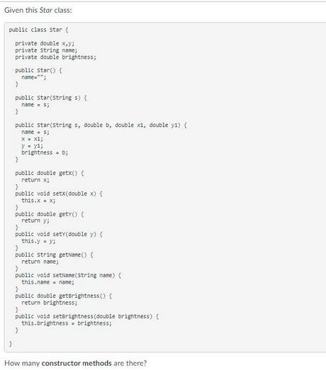 Given this Star class: public class Star ( } private double x,y; private string name; private double